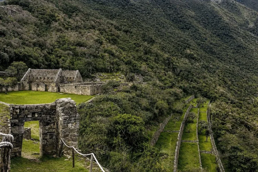Stone houses and farming terraces at the Choquequirao site