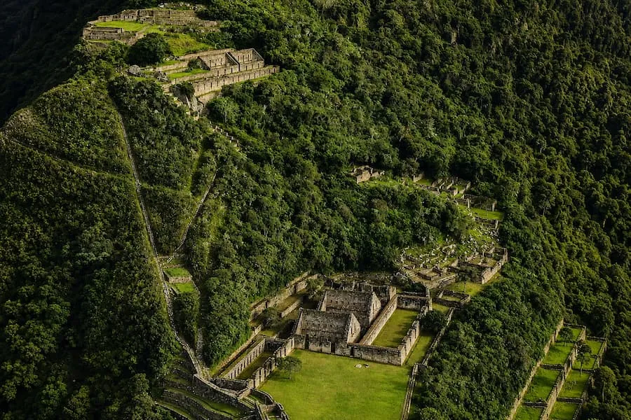 Choquequirao seen from the air, with terraces along the ridge