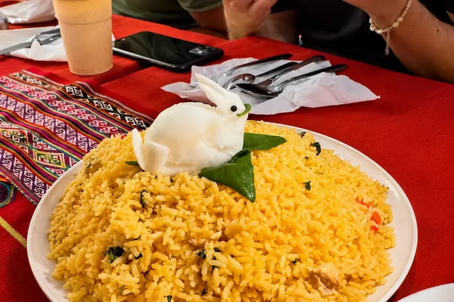 Rice shaped like a rabbit, plated by the trail cook
