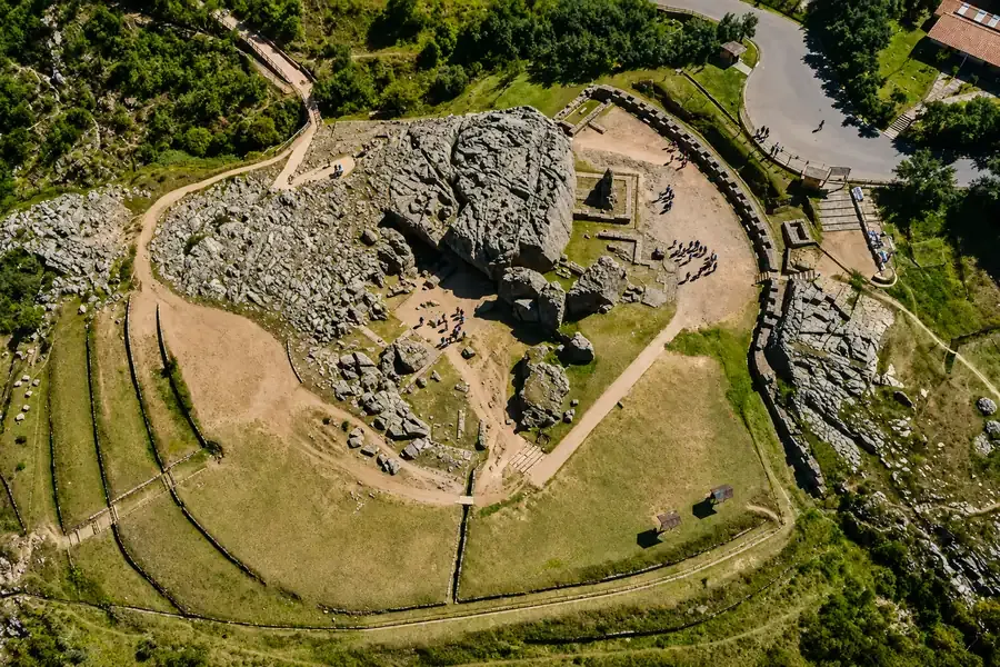 Carved limestone outcrop and amphitheater of Qenqo seen from the air