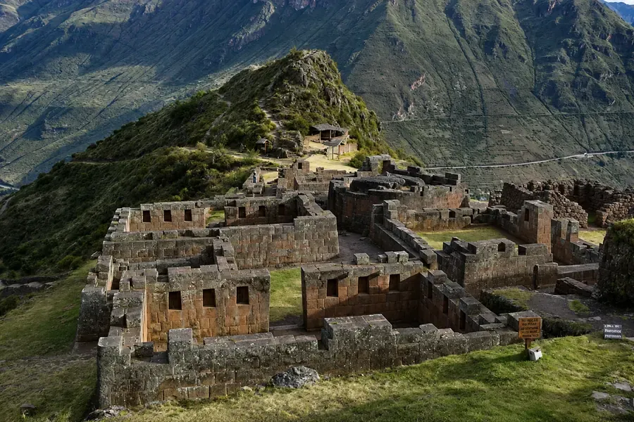 Inca terraces and buildings on the ridge at Pisac