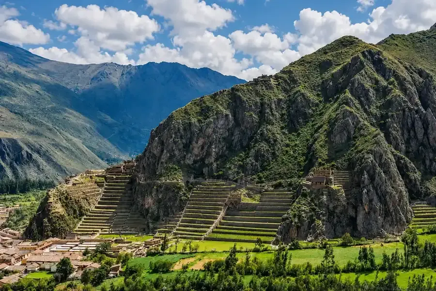 Terraces and storehouses of the Ollantaytambo fortress above the town