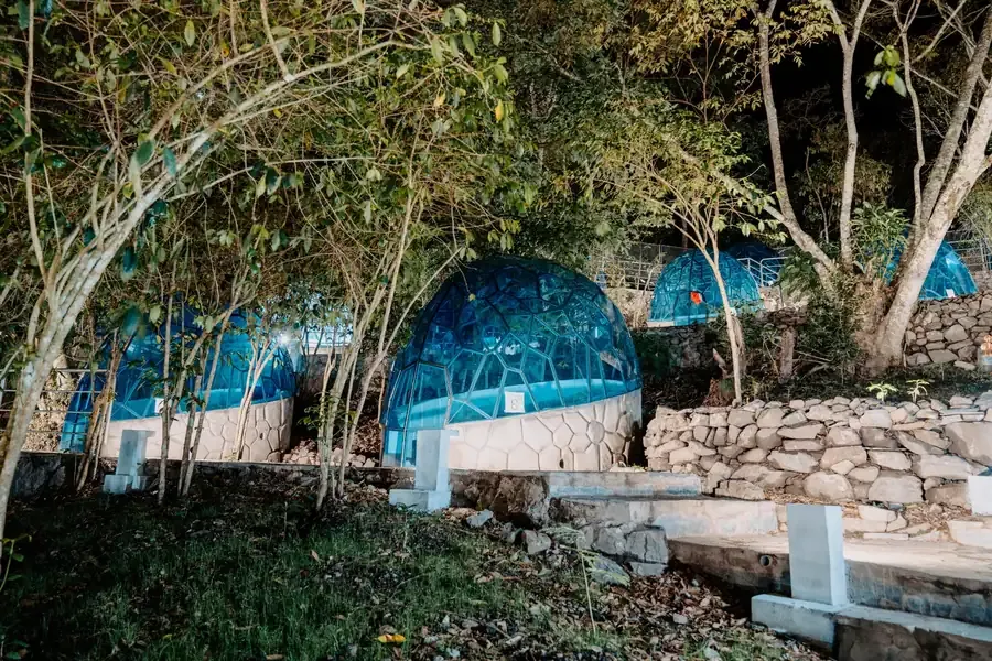 Blue lit glamping domes on stone terraces among trees at night