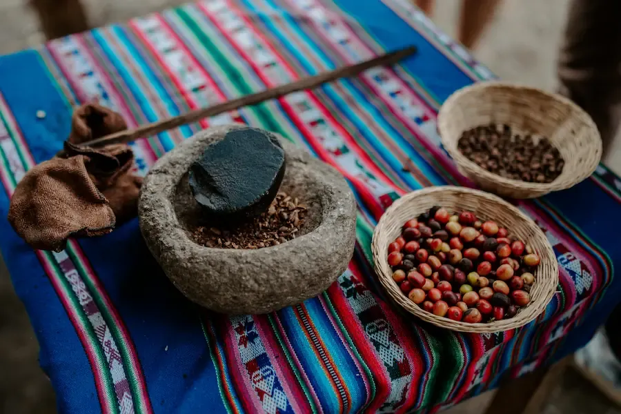 Ripe coffee cherries next to a stone grinder at a Lucmabamba farm