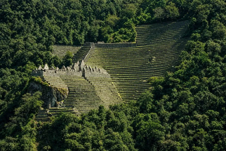 Winay Wayna terraces surrounded by cloud forest, seen from above